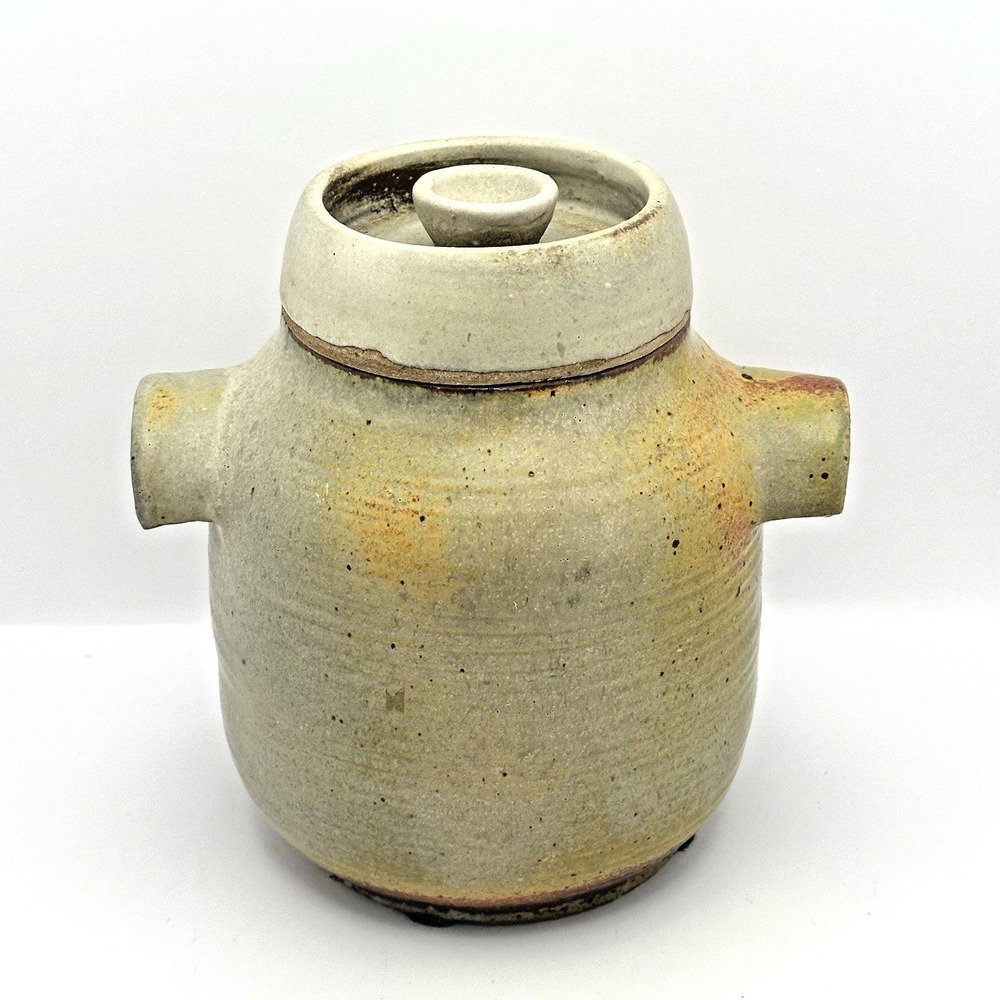 Vintage Studio Pottery Stoneware Lidded Jar Lug Handles Rustic Art Pottery 8"